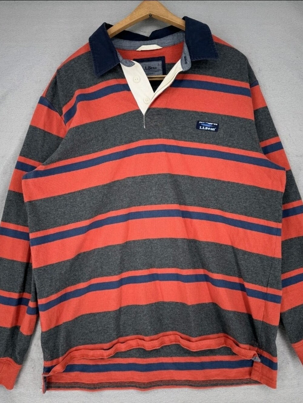 L.L. Bean Men's Red & Gray Striped Rugby Polo Shirt Preppy Y2K Longsleeve